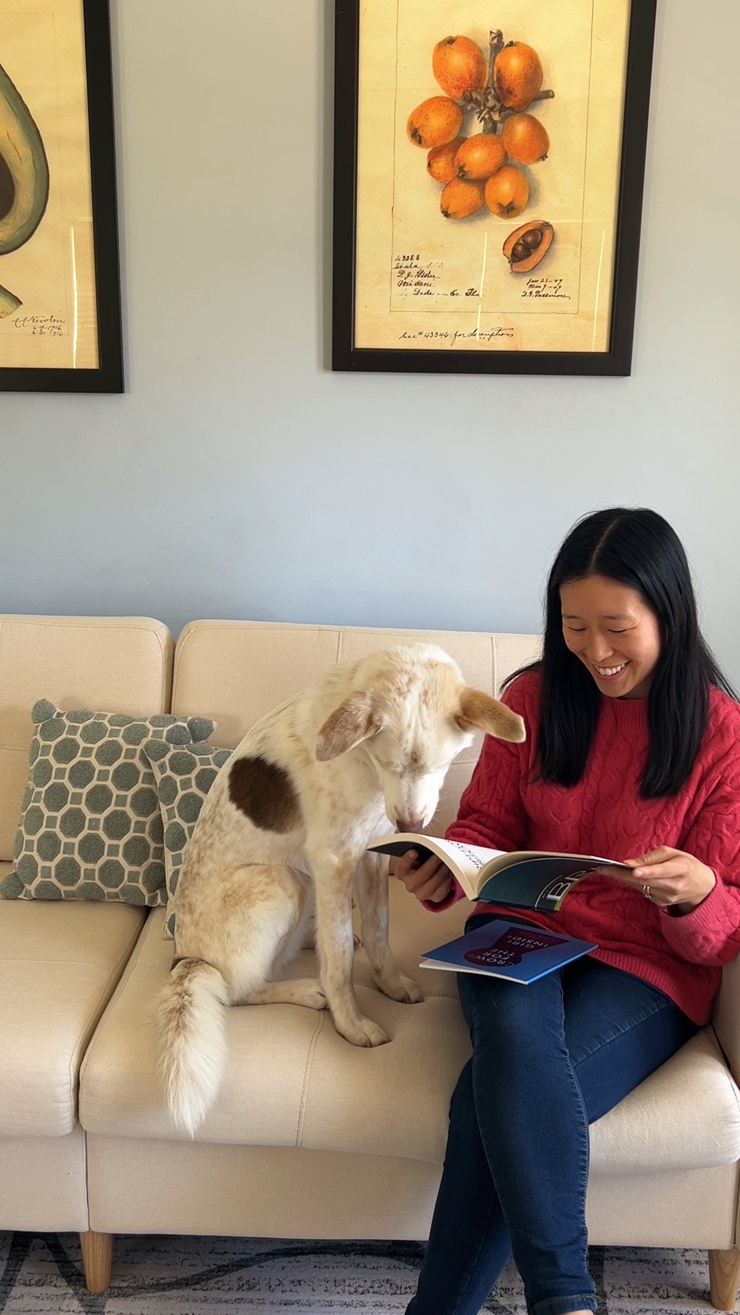 A dog sniffs a page of Brink literary magazine while a woman reads from it. They are both sitting on a white couch with large paintings of fruit hanging on the wall behind them.